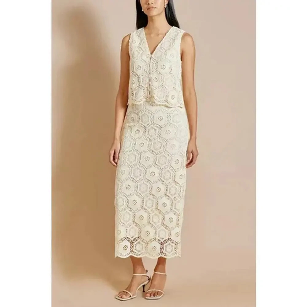 E. Clair Designs Women’s M/L Boho Crochet Top‎ & Midi Skirt Ivory Outfit Set